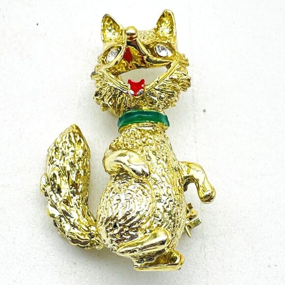GERRYS Laughing Fox Pin Gold Tone Red Tongue Green Collar Rhinestone Eyes - Picture 1 of 6
